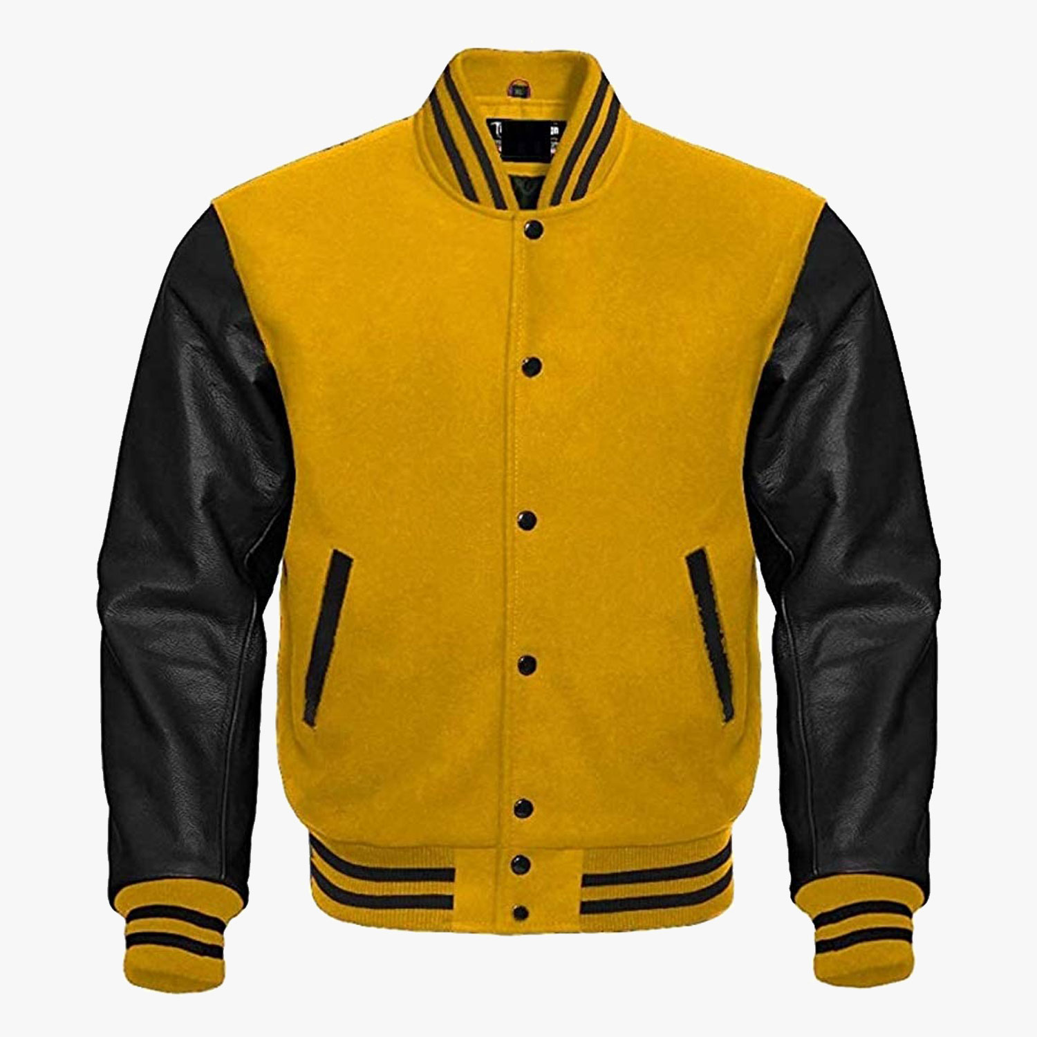 Yellow Collage Jacket with Black leather sleeves Stylish Varsity Bomber Jackets