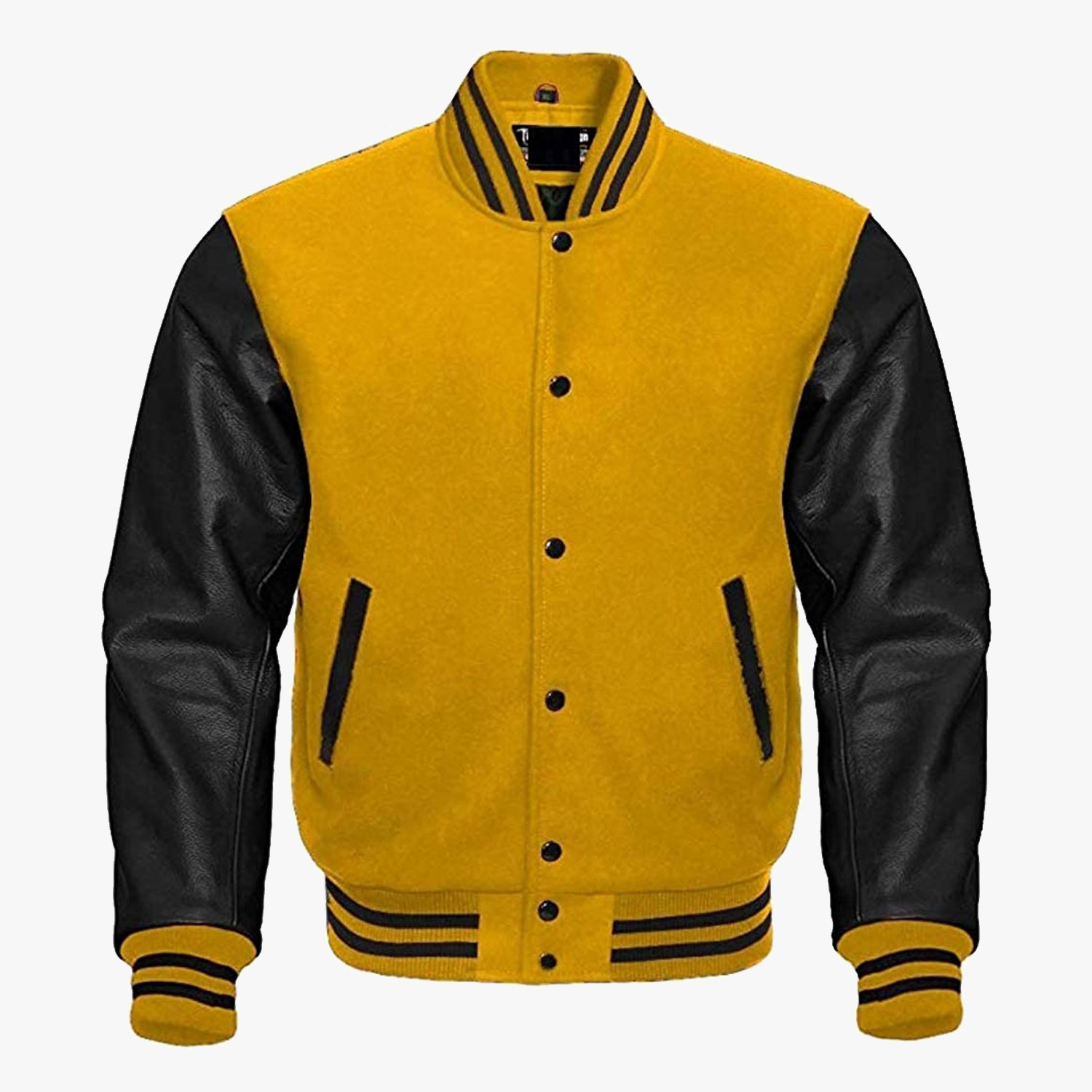 Leather Varsity Jacket with Black Body and Yellow Sleeves