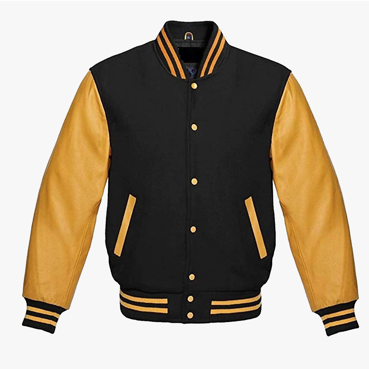Black and Yellow leather sleeves Stylish Varsity Bomber Jackets