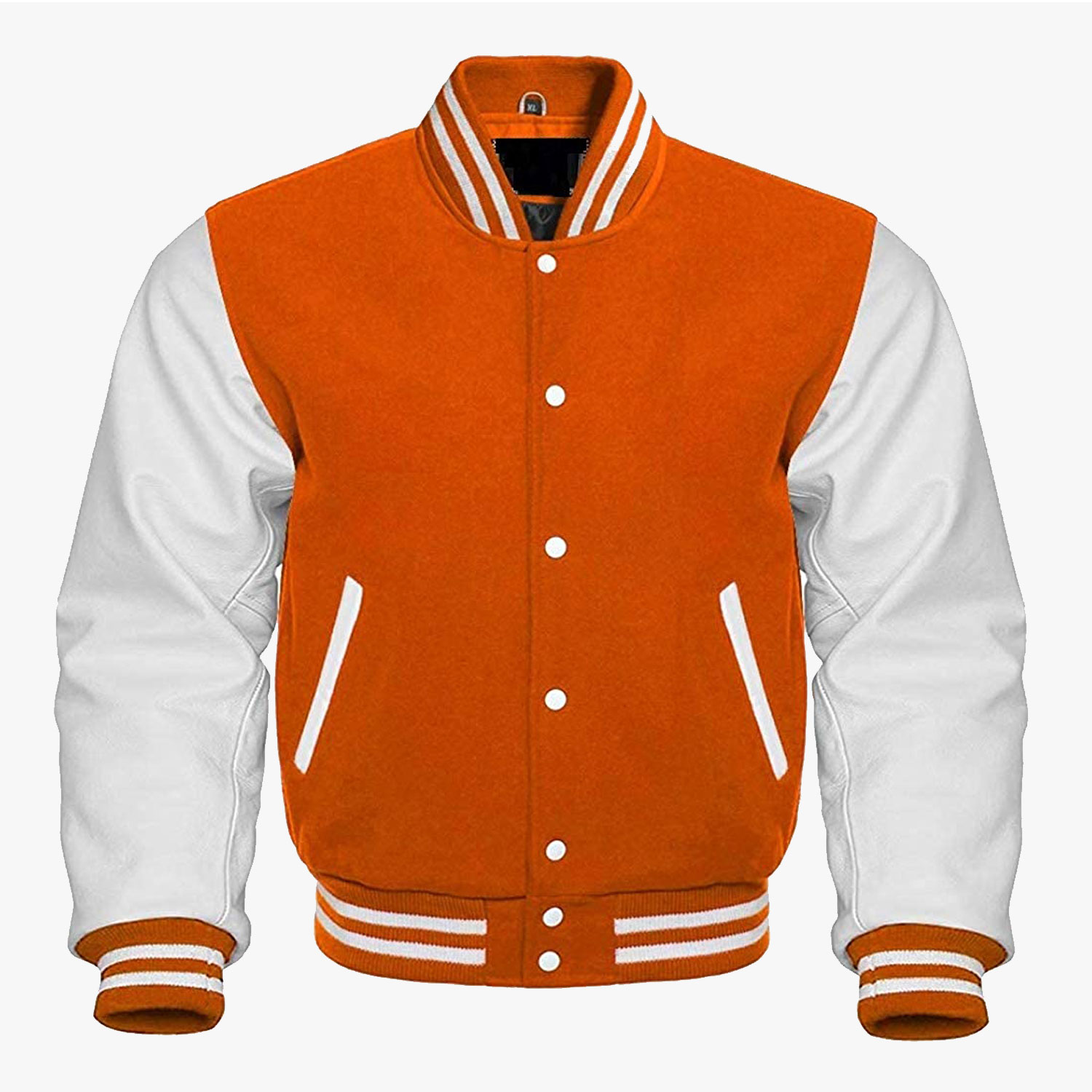 Orange And White leather sleeves Stylish Varsity Bomber Jackets