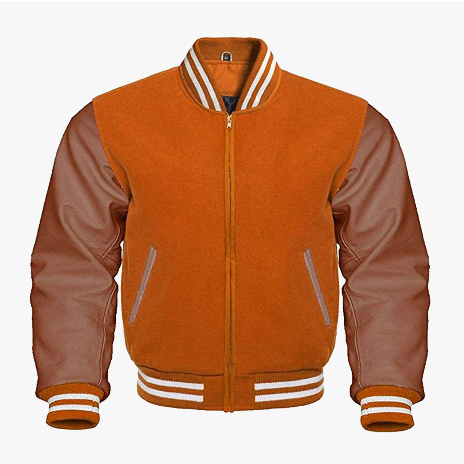 Orange And Brown leather sleeves Collage Jackets