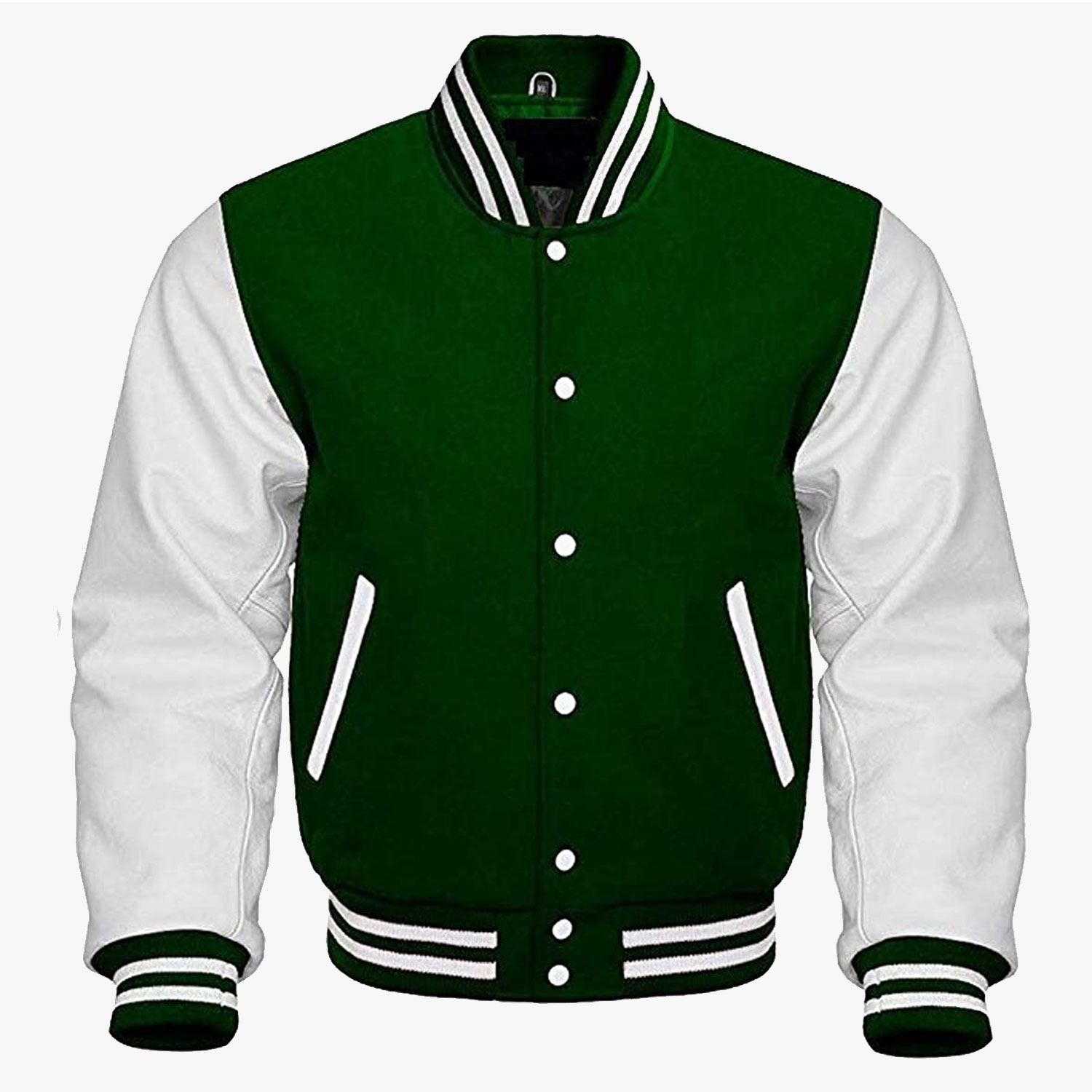 Green White leather sleeves Stylish Varsity Bomber Jackets