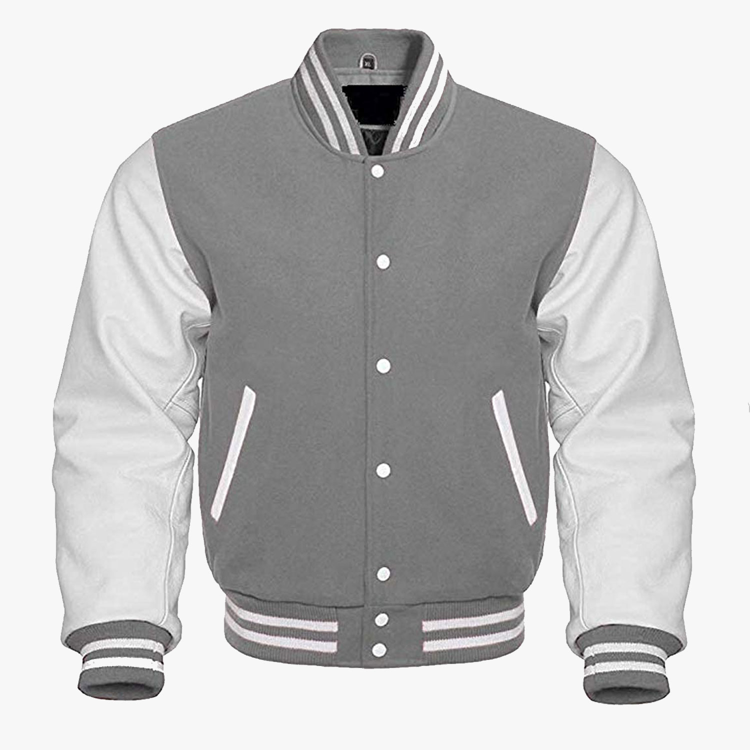Gray And White leather sleeves Varsity Baseball Jackets