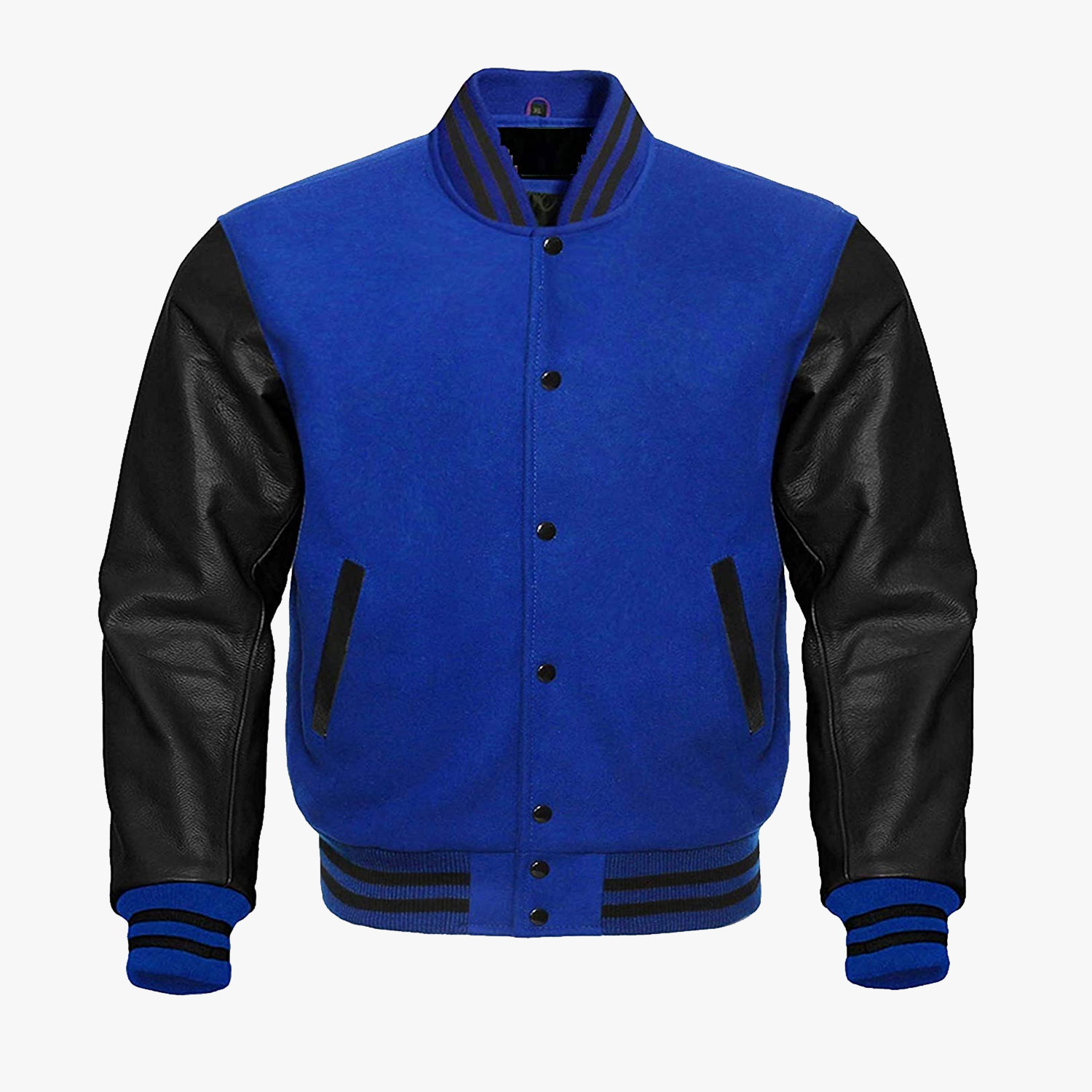 Blue And Black leather sleeves Varsity Bomber Jackets