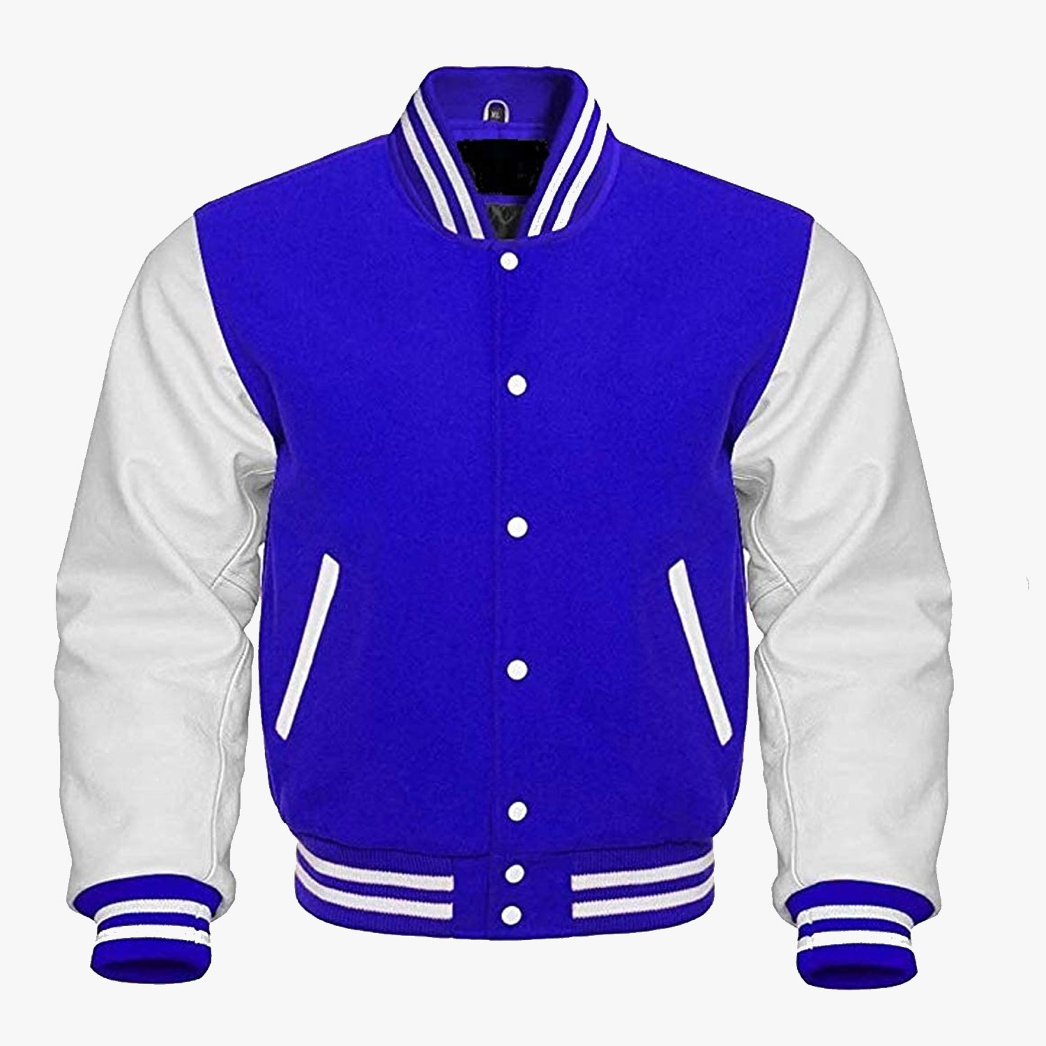 Blue And White Leather Sleeves Collage Jacket