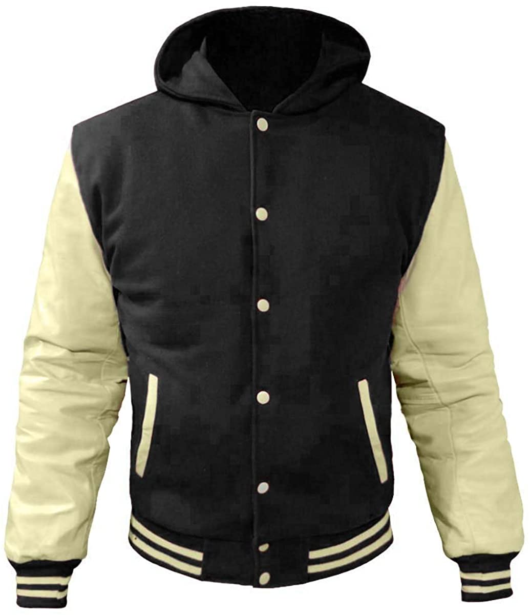 Customized Varsity Jacket Men in Black Wool & White Leather 