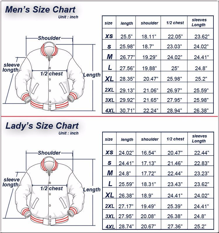Women Varsity Jacket Size Chart