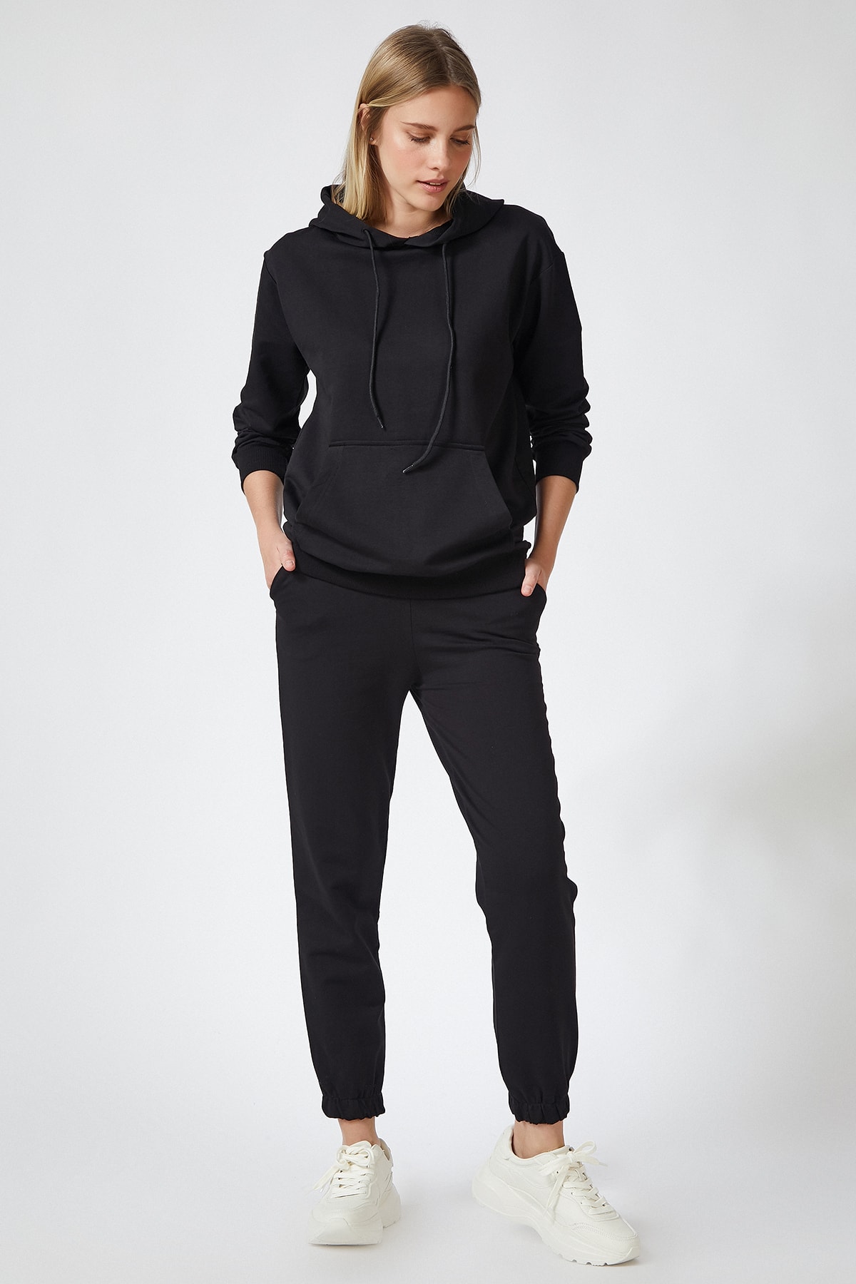 Women Black Hooded Spring Tracksuit Set