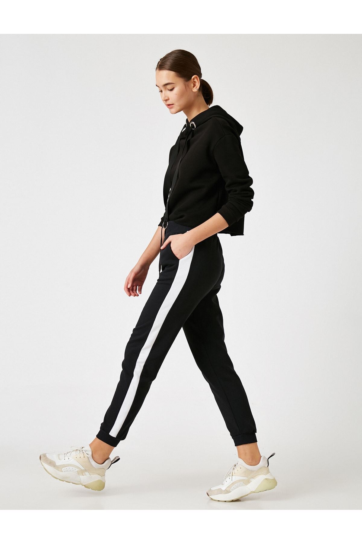 Women Black Tracksuit Bottom White Strips