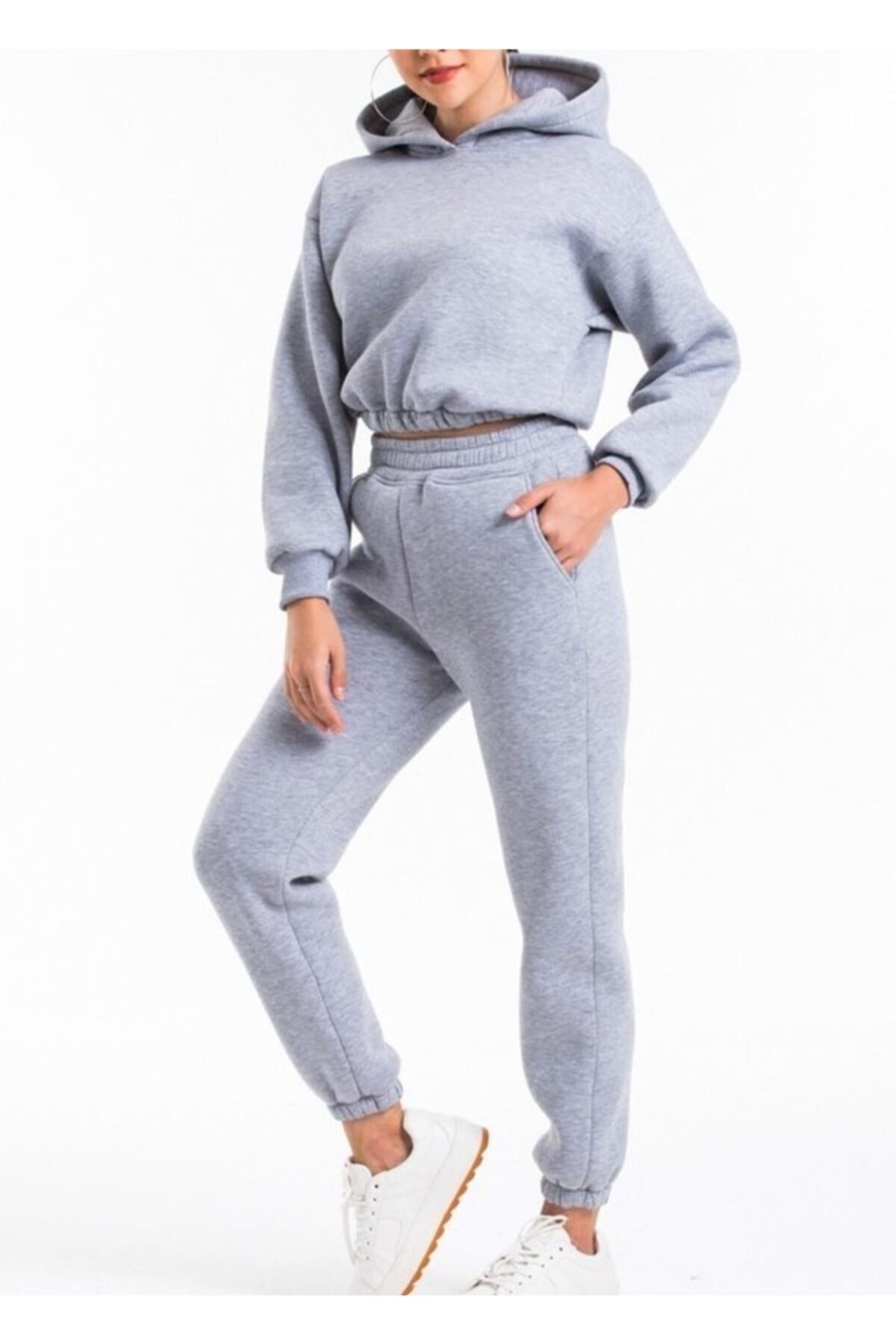 Women Gray Hooded High Waist Fleece Fabric Tracksuit Set