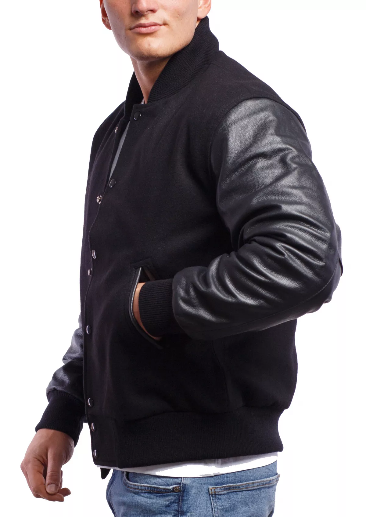 Men's Grey Wool Varsity Jacket  Mens Leather Sleeves Bomber Jacket