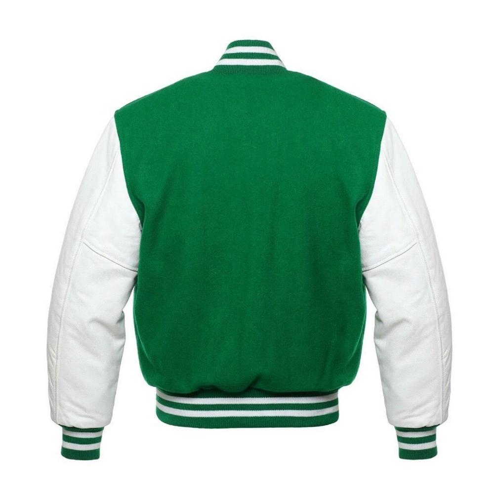 Spine Spark Forest Green Wool Varsity Jacket White Leather Sleeves